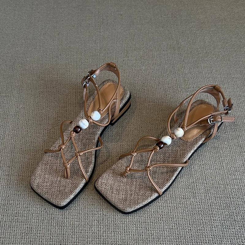 

Summer new casual thick heel temperament square head versatile cross-strap beaded open-toed toe sandals women 39 коричневый