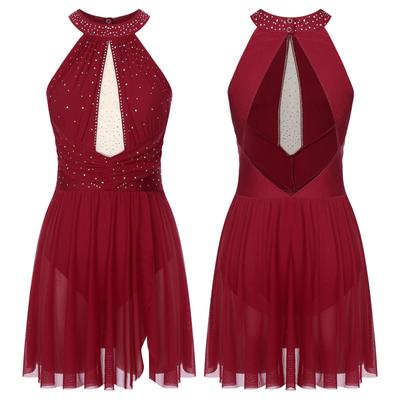 Damen Glänzender Strass Lyrischer Tanz Kostüm Ballett Tanzen Fließender Chiffon Trikotrock Moderne Zeitgenössische Tanzbekleidung Rückenfrei