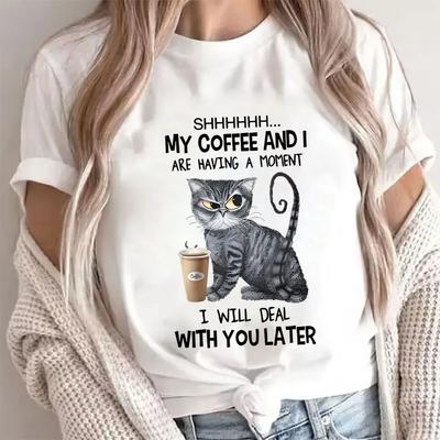 Coffee Cat Print Women Clothes Angry Cat Lover FeUnisex Tops Tee Tshirt Fashion Anime Cartoon Tees Ladies Graphic TShirt Y2k Tops