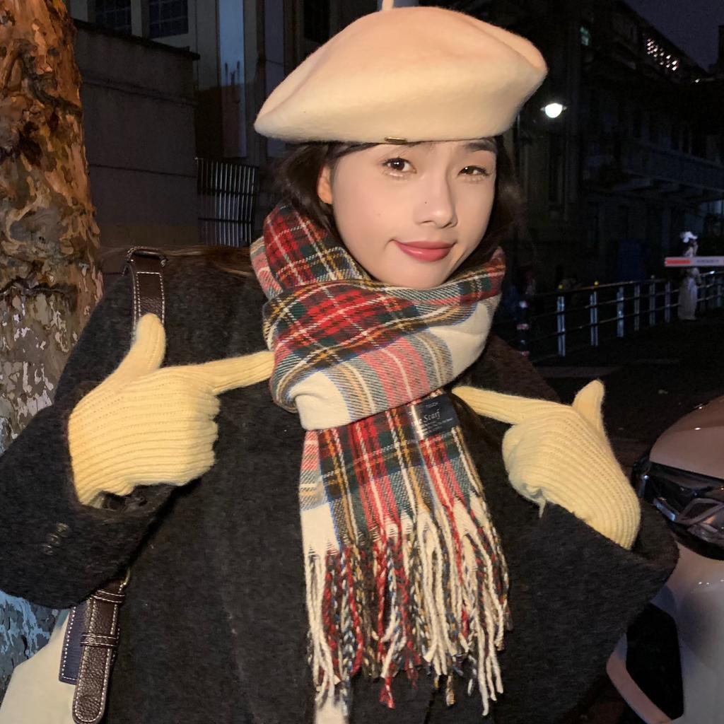 Korean Christmas Red Plaid Scarf for Women Winter Warm Retro High End New Year Gift Scarf Shawl for Students