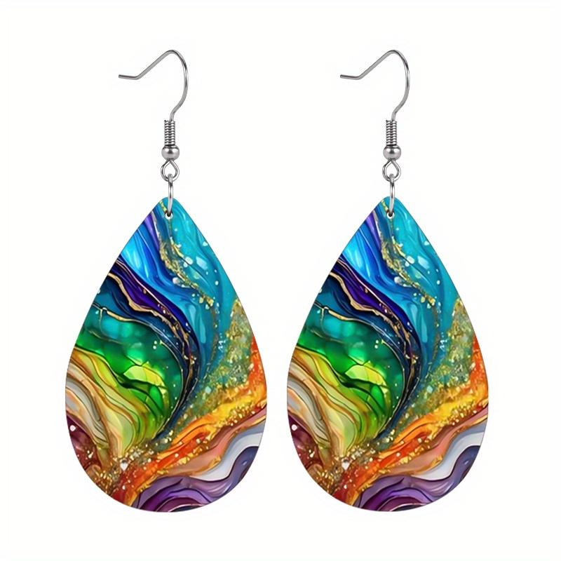 Colorful Pleated Marble Pattern PU Leather Earrings for Women Gorgeous Fashionable Earrings Double Sided Teardrop Earrings