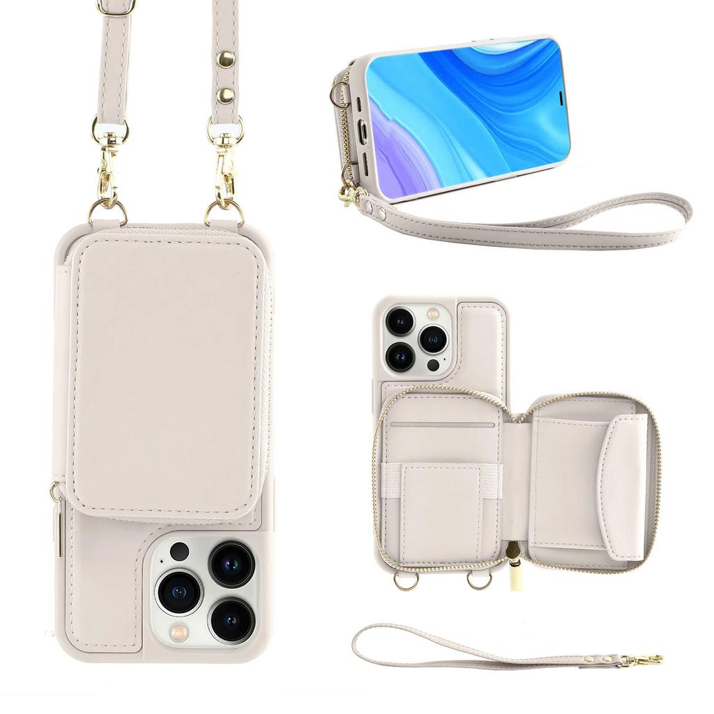 Crossbody Long Strap Leather Phone Case For iPhone 15 Pro Max 14 Plus 13 12 11 Pro Zipper Wallet Card Bag Cover with Lanyard