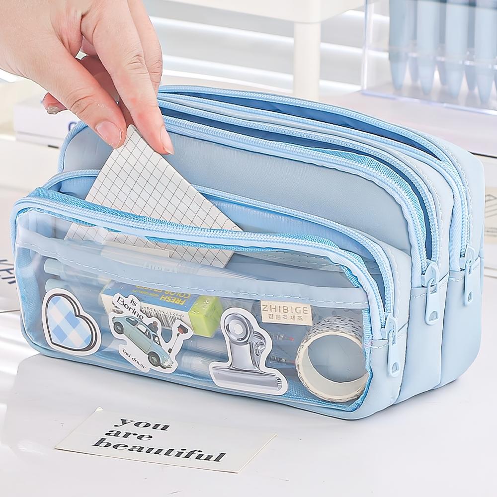 Large Light Color Multi-Compartment Pencil Case Durable with Clear Window Portable Cosmetic Bag for Stationery