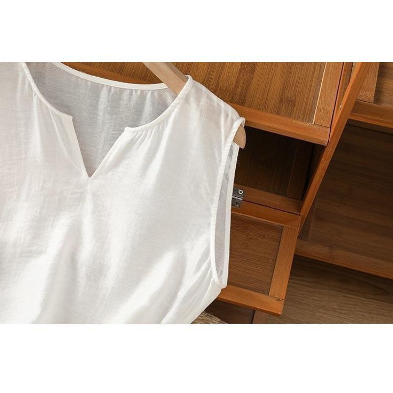 Women White Linen Blend Notch Neck Sleeveless Tank Top Hem Ethnic Embroidery Loose Casual Vest