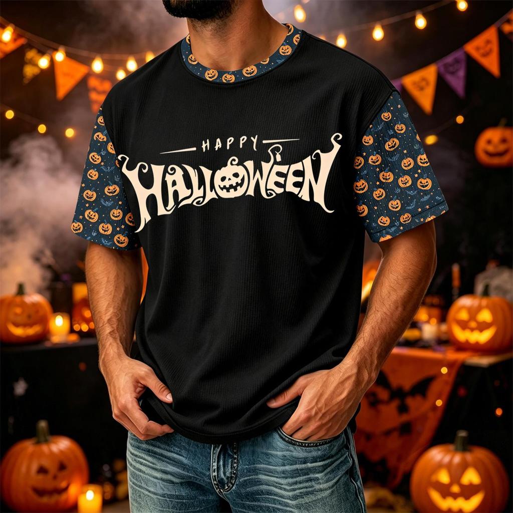 Herren Casual Corduroy Kurzarm Leicht Atmungsaktiv Rundhalsausschnitt Oberteil Halloween-Thema Aufdruck Buchstaben Design Bequeme Passform