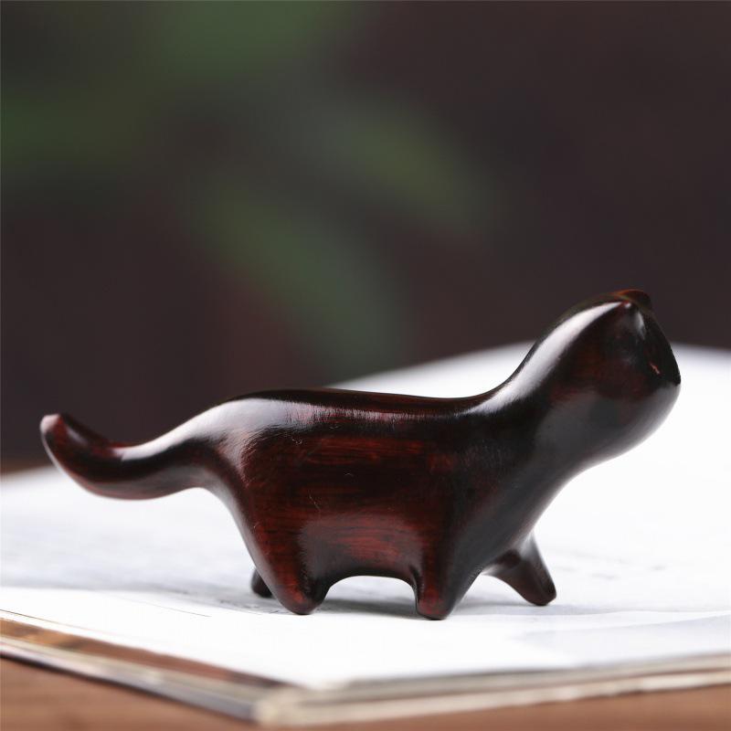 Ebony and Red Sandalwood Kitten Desktop Ornament - Handcrafted Creative Gift