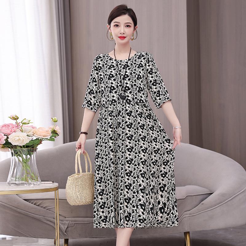 Women's Round Neck Five-Point Sleeve A-Line Floral Print Midi Dress Loose Casual Vintage Style Summer Daily Mom Long Dress