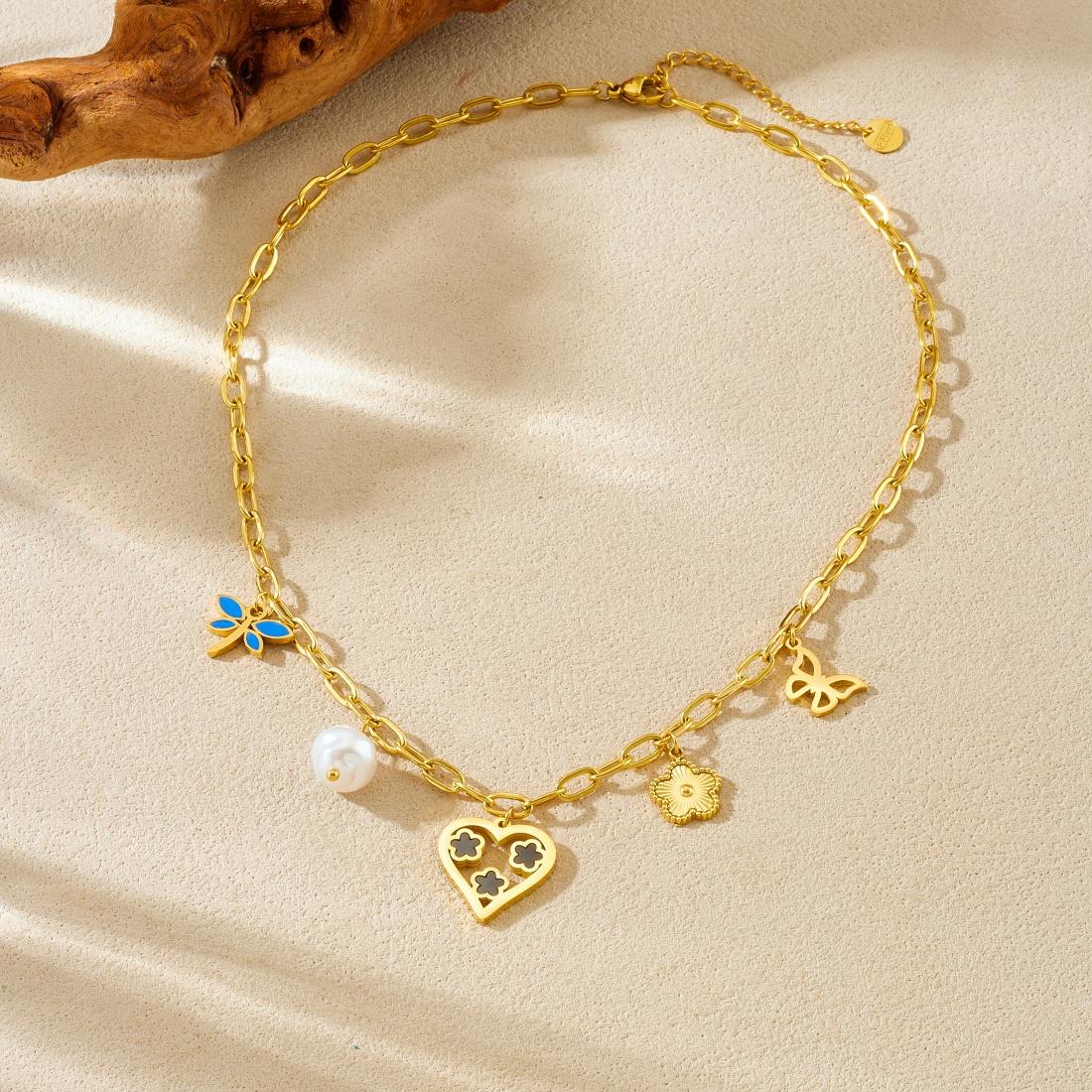 

316L Stainless Steel Creative Design 5-Leaf Flower Hollow Heart Butterfly Dragonfly Necklace Women Classic Neck Chain