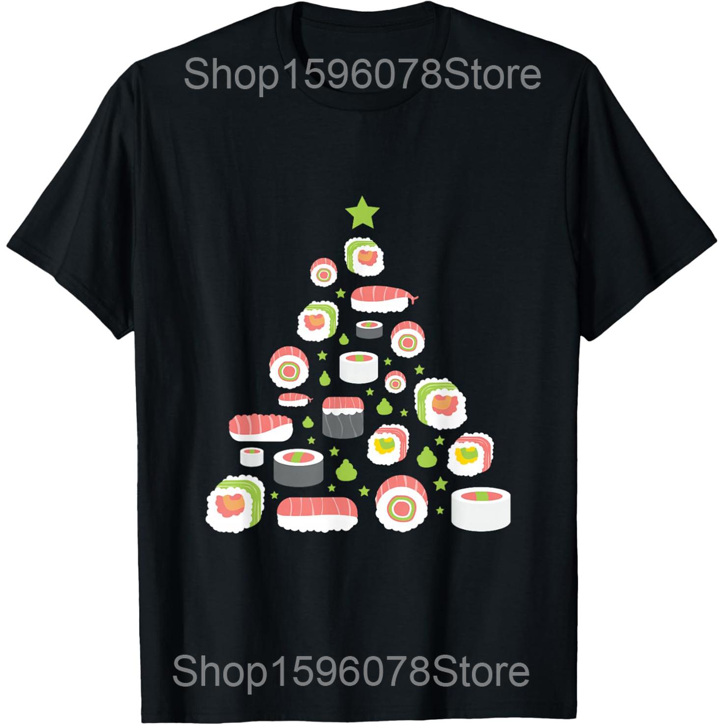 

Funny Xmas Japanese Sushi Christmas Tree Holiday T Shirts Men Humor Streetwear Tee Shirt Short Sleeve Unisex Loose Clothing 4XL