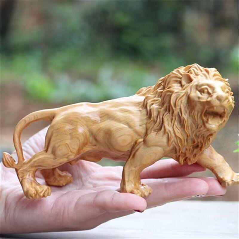 Natural Cypress Wood  Lion Statue, Solid Wood Hand-Carved Animal Sculpture Home Room Office Decoration Artwork The Perfect Gift