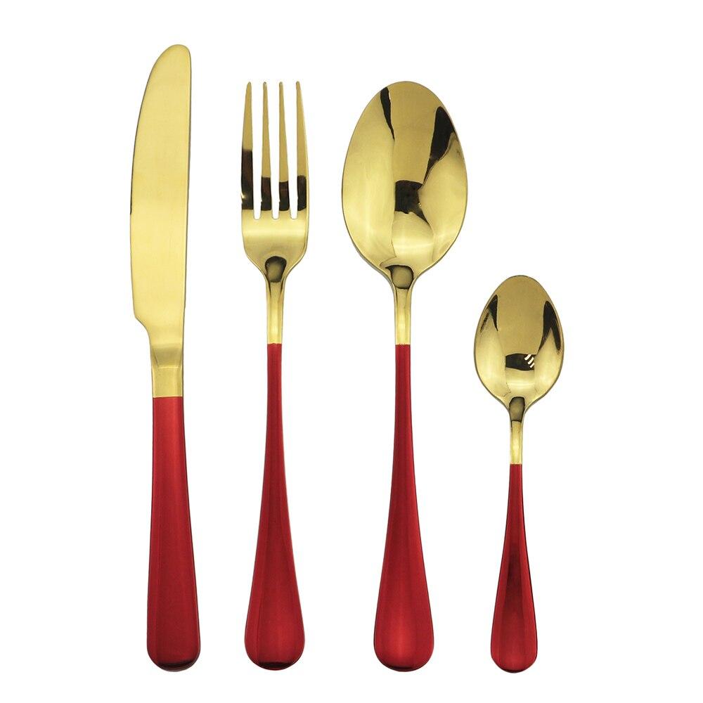 4Pcs/Set Red Gold 304 Stainless Steel Tableware Cutlery Set Knife Spoon Fork Utensils Dinnerware Set Mirror Polished Flatware Silverware Set
