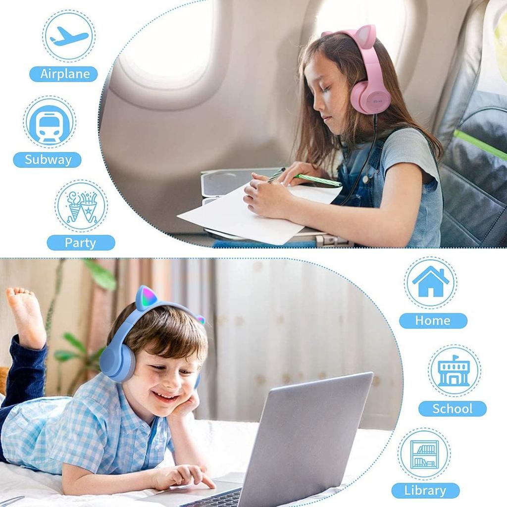 Auriculares Inalámbricos/Alámbricos para Niños Megadream con Límite de Volumen Seguro de 85 dB, Micrófono, Diseño de Luz LED de Oreja de Gato, Bluetooth 5.0, Longitud de Cable de 1 m, Tarjeta TF