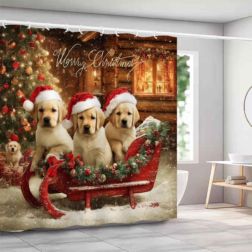Lovely Christmas Cat and Dog Shower Curtain with Hooks Christmas Shower Curtain Home for Print Christmas Decoration Curtain