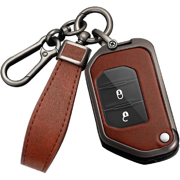 

HIBEYO Folding Key Fob Cover for Jeep Wrangler JL JLU Gladiator 4XE 2018-2021 Accessories with Keychains Alloy PU Leather Material Key Case черный коричневый