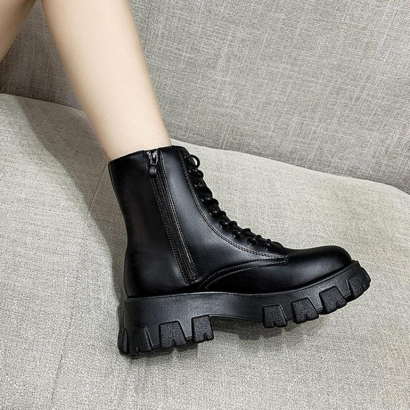2026 Boots Women  Autumn Winter PU Leather White Ankle Boots Motorcycle Female Chunky Heels Platform Boots