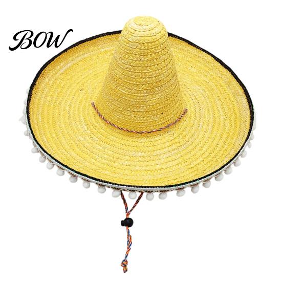Theme Party Hat Mexican Sombrero with Colorful Poms, Hawaiian Style Woven Straw Sun Hat, Wide Brim Lightweight Costume for Summer Beach