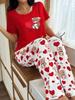Dames 2-delige Hartbeer Pyjamaset - Gezellige Rode Pyjama met Hartbeerprint, Lange Mouwen Nachtjapon & Broek met Elastische Tailleband, Knoopsluiting aan de Voorkant, Schattige Pyjama