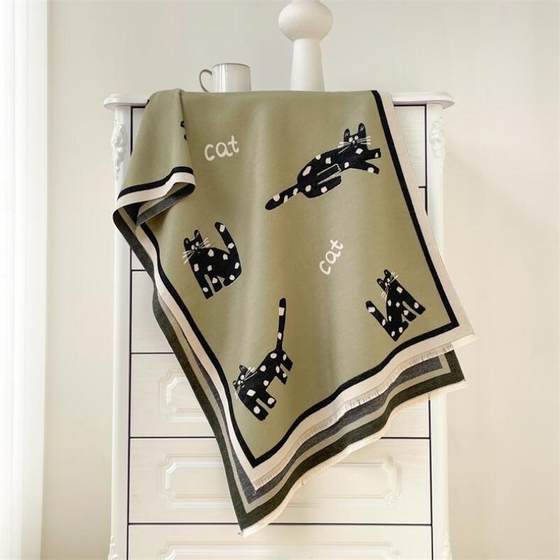 Winter imitation cashmere scarf women's double-sided cartoon cat shawl warm long sweet and cute fringed dual-purpose scarf