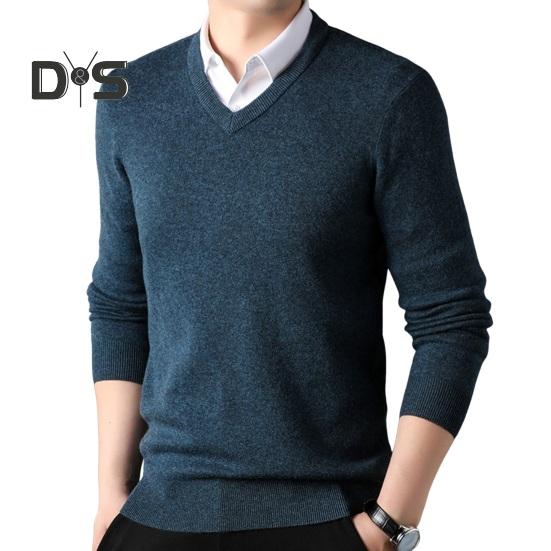 

Осень-зима мужской свитер с V-образным вырезом, трикотажный однотонный эластичный пуловер средней длины, формальный деловой стиль, свитер M темно-синий