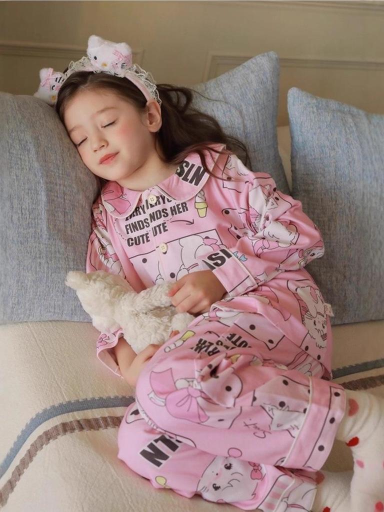 Kids' Korean Style KT Cat Pajamas - Girls' Medium/Large, Cute Cartoon Spring/Autumn Sleepwear
