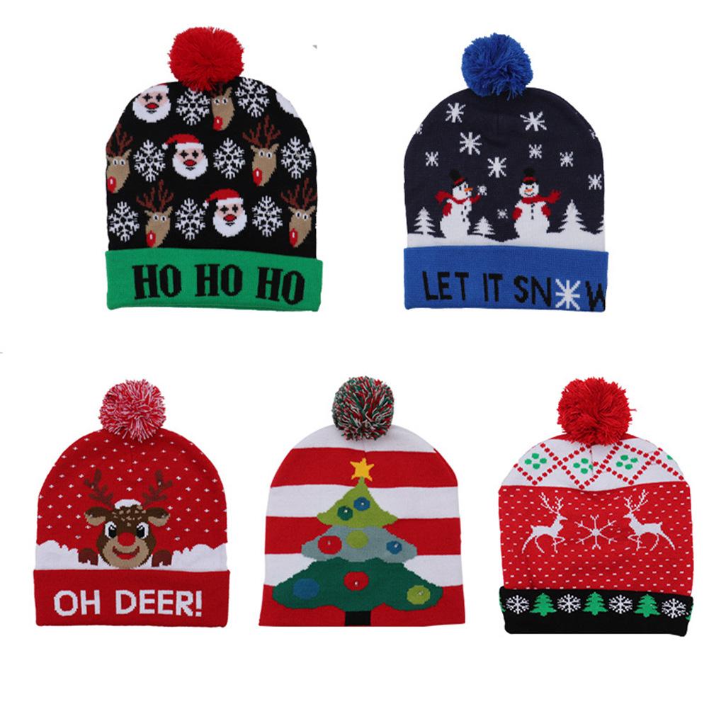 Christmas Decoration Props Children's Colorful Glowing Light Knit Hat Cap Santa Clause Elk Snowman Style