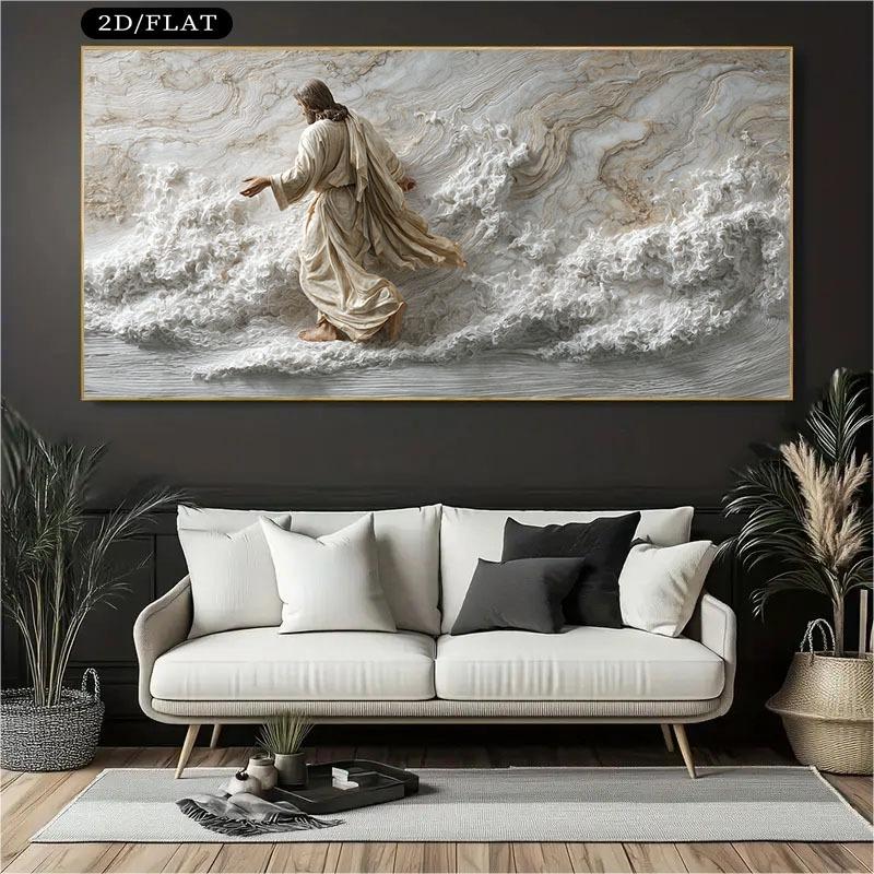Christus geht auf dem Wasser - Leinwandbild, rahmenlose Wanddekoration, geeignet für Wohnzimmer, Schlafzimmer, Kirchenveranstaltungen - Spirituelle Wandkunst, Geschenk