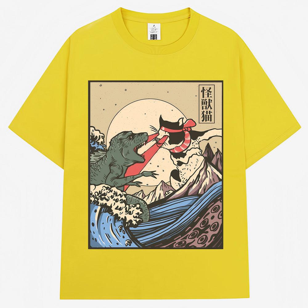 Japanese Style Kaiju Vs Cat Funny Meme Graphic Tshirts Men Women Fashion Vintage Manga T Shirts Oversized Cozy Cotton T Shirt