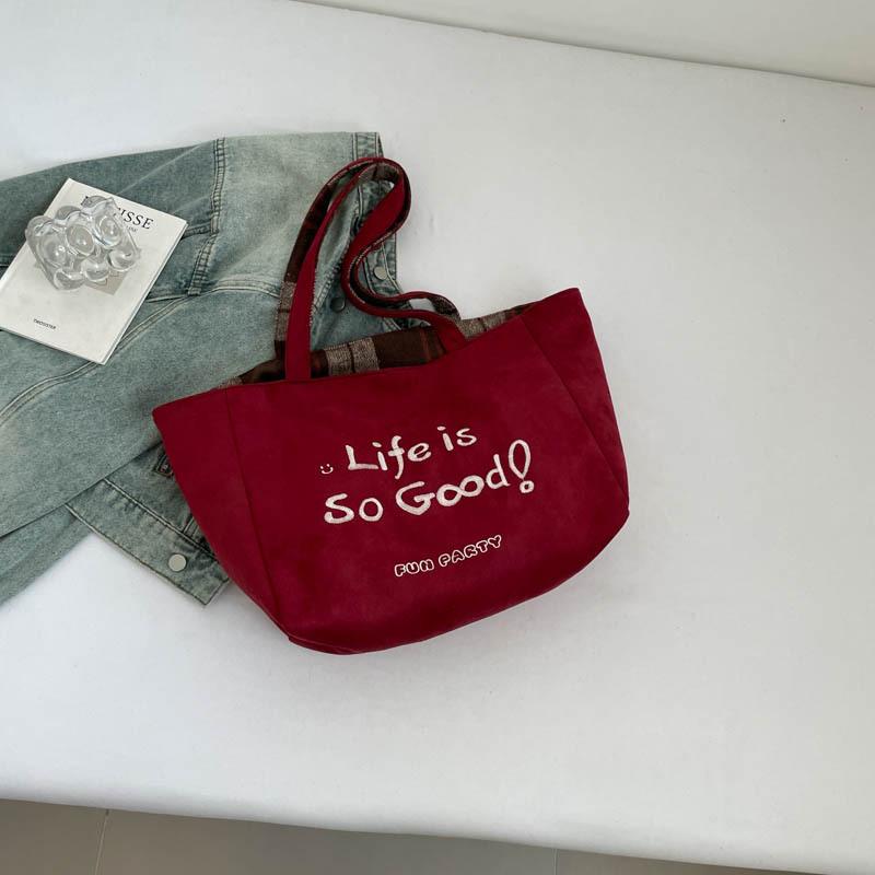 

2025 autumn retro suede shoulder bag casual woolen plaid double-sided tote bag Korean casual class bag