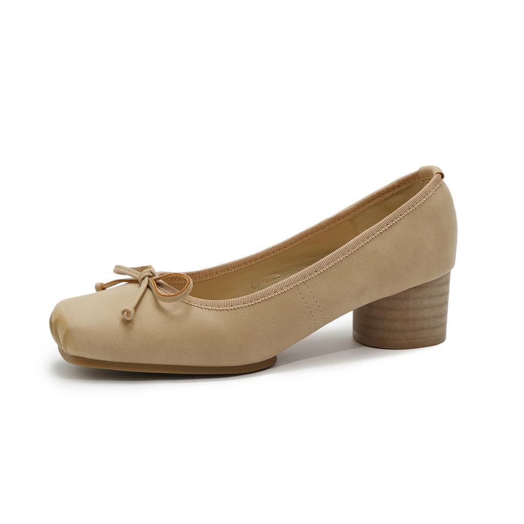 Bow Ballet Single Shoes Leather Mary Jane Shoes Thick Heel High Heels High Sense Shallow Mouth Ballet Shoes