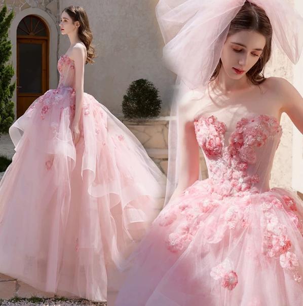 2026 Latest Designs Modern Floral Pink Wedding Dress A-Line Floor-Length Bustier with Light Chapel Evening Gown Dress