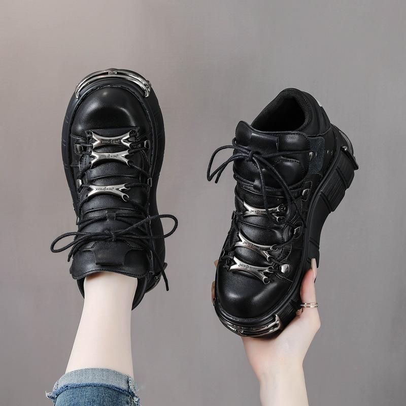 New Rock Shoes Women Pumps Shoes Heavy Metal Thick Bottom High Top Punk Leather Shoes Gothic Dark Black Motorcycle Boots