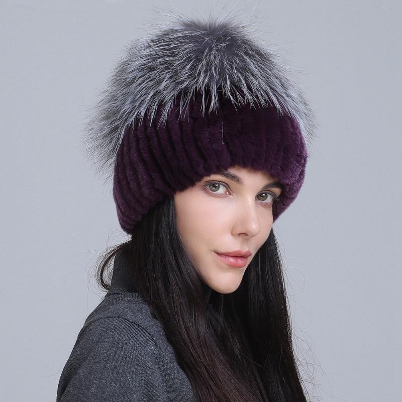 New fur hat Rex rabbit hat thickened versatile fox hair mushroom hat women's winter warm hat