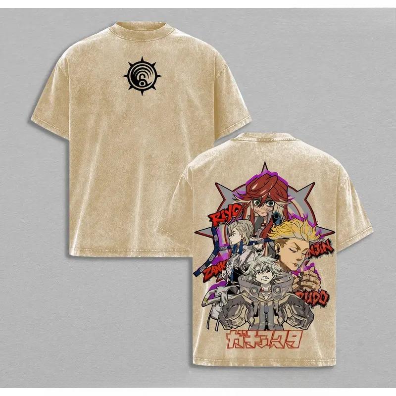 Rudo Enjin Print T-shirt Anime Gachiakuta Clothing Men Women Cotton Tshirts Retro Washed T Shirt Harajuku Male Casual Loose Tops