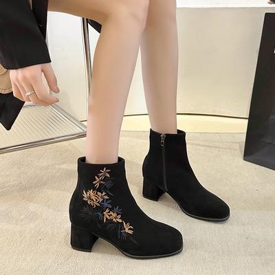 Women's Shoes 2024 Fashion Zipp Women's Boots Hot Sale Embroidered Daily Boots Women High Quality Round Toe Ankle Boots Zapatos