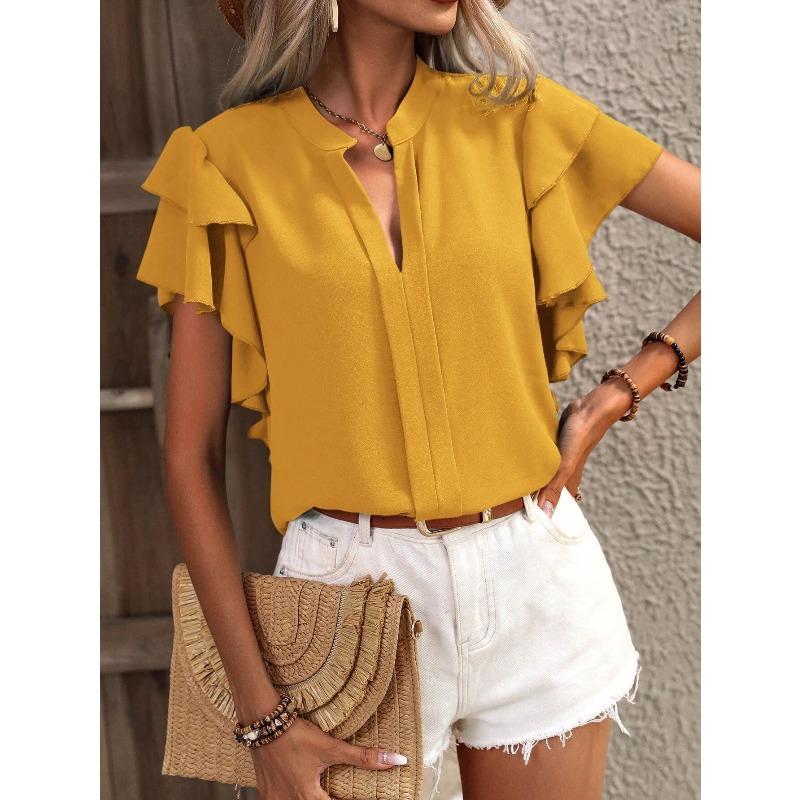 Damenhemd Sommer Neu V-Ausschnitt Lässig Rüschen Kurzarm Einfarbig Locker Hemd Oberteile Damen Elegant Mode Lässig Damenblusen