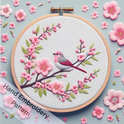 Avrupa tarzı nakış DIY şeftali çiçeği ve kuş desenli kumaş seti, İngilizce dikiş talimatları ile 1 set. El yapımı nakış kumaş malzeme seti