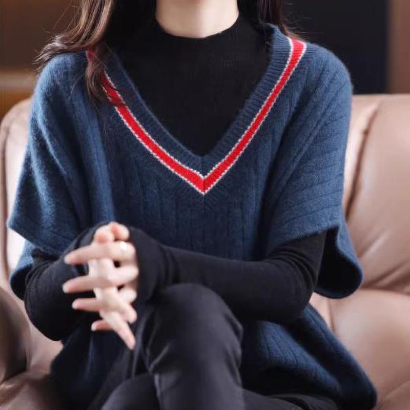 Women's Short Sleeve Knitted Vest Spring Fall Contrast V Neck Pullovers Jumper Loose Casual Ladies Gilet Sweater