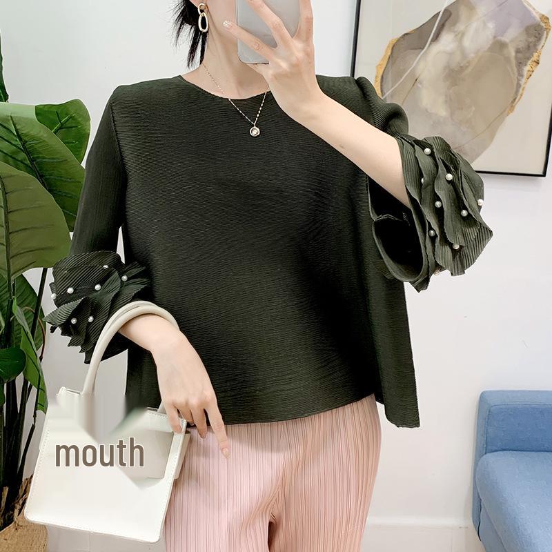 Damen Plissee Oberteil mit ausgestellten Ärmeln und Perlen-Rundhalsausschnitt