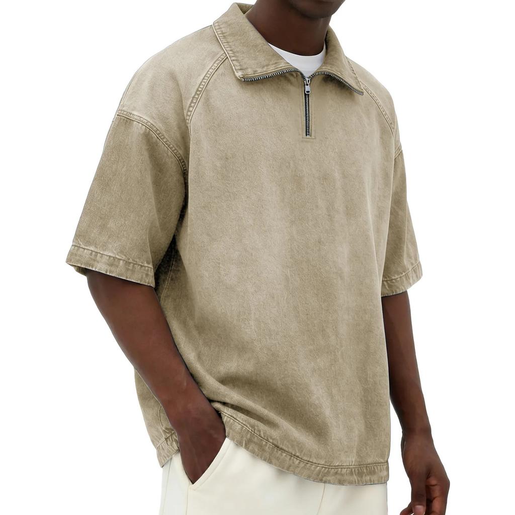 Men's Casual American- Denim-like Fabric Short-sleeved Shirt - Men's Retro Trendy Fitted Collar Zipper Jacket