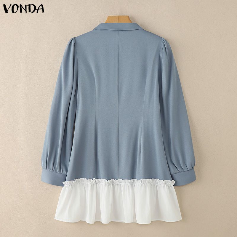VONDA Women Casual Round Neck Puff Sleeve Patchwork Ruffled Hem Mini Dress