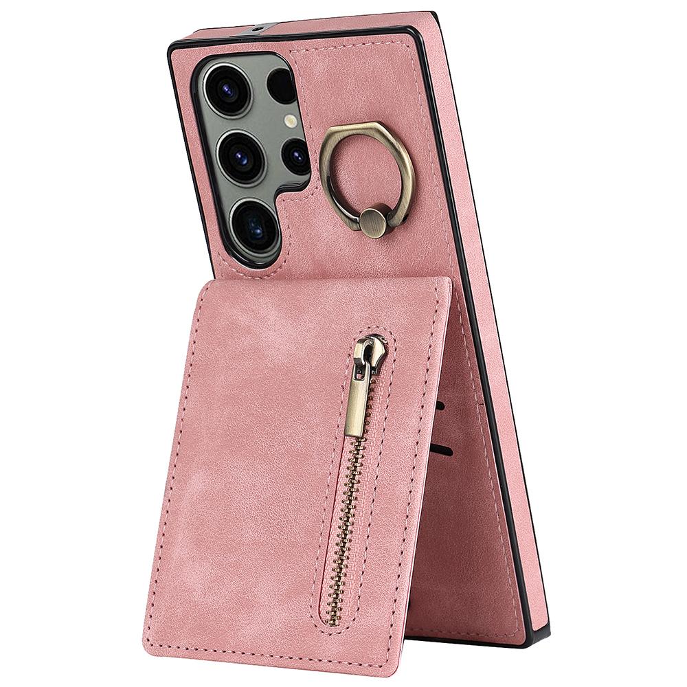 

Kickstand Phone Cover for Samsung Galaxy S23 Ultra RFID Blocking PU+TPU Wallet Phone Case Pink