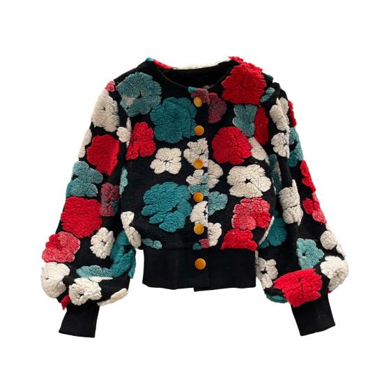 Women Coat Cardigan Single-breasted Long Sleeves Flower Elegant Keep Warm Elastic Cuff