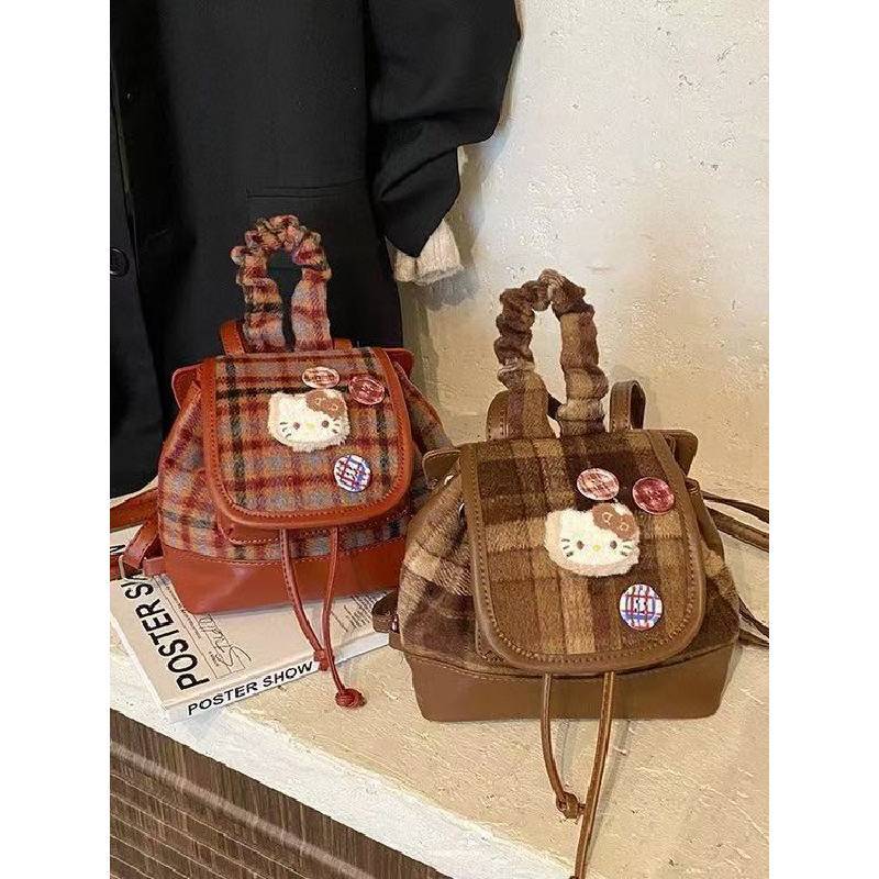 Hello Kitty Pu Backpack With Vintage Plaid Pattern For Commuting And Casual Outings
