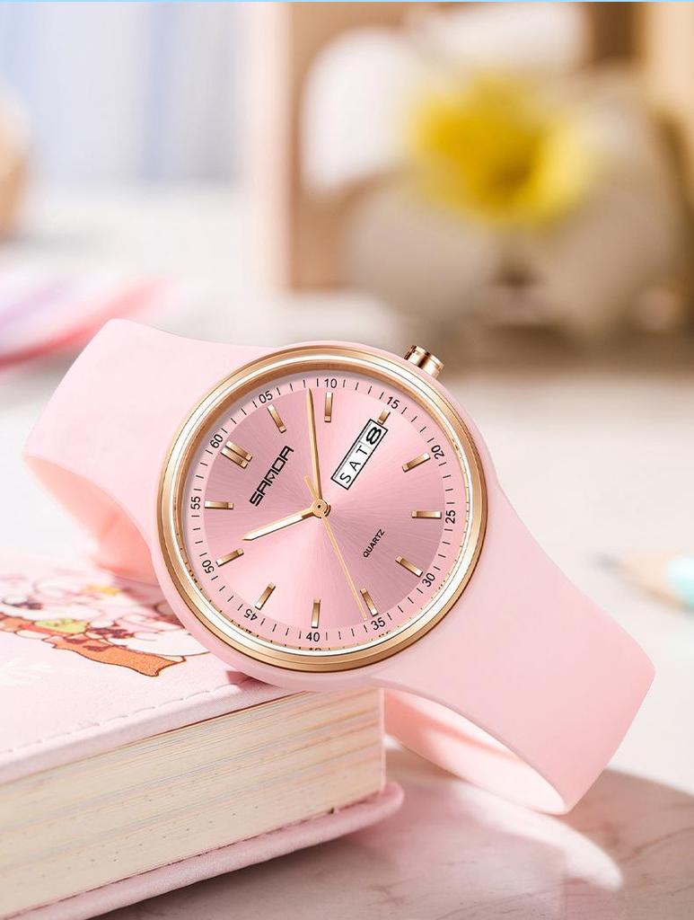 Sanda Unisex Quartz Watch with Calendar, Fashionable Silicone Waterproof Wristwatch for Teens
