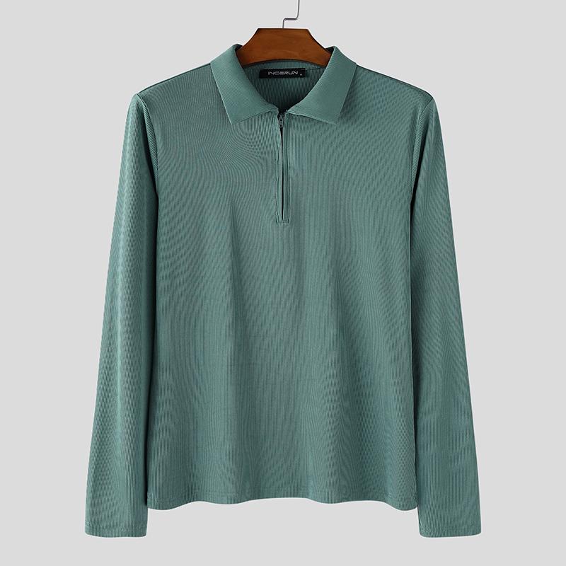 INCERUN Men Lapel Neck Long Sleeve Plain Texture Casual Tops T-Shirts 