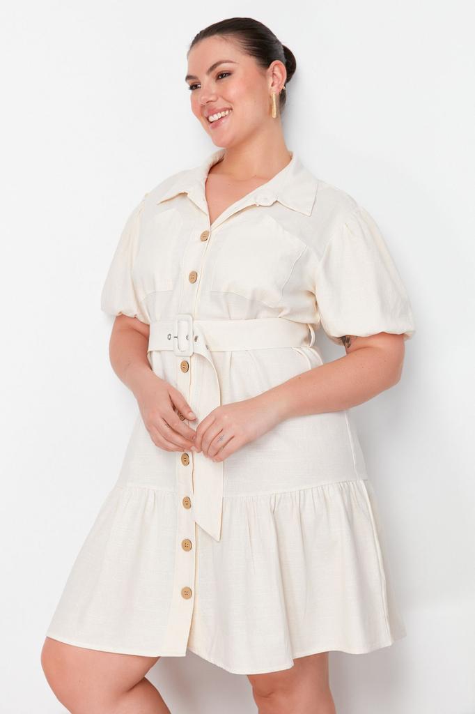  Women's Plus Size Dress Beige Linen Look Belted Buttoned Shirt Dress