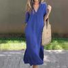 European And American Style Summer Explosion, Slit V-Neck 7-Point Sleeve Chest Pleated Dress On Both Sides