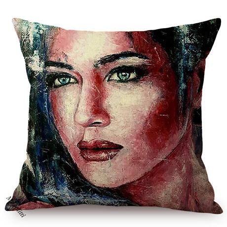 Beautiful Face Oil Painting Art Decorative Throw Pillow Case Funky Woman Portrait Cotton Linen Sofa Cushion Cover Cojines