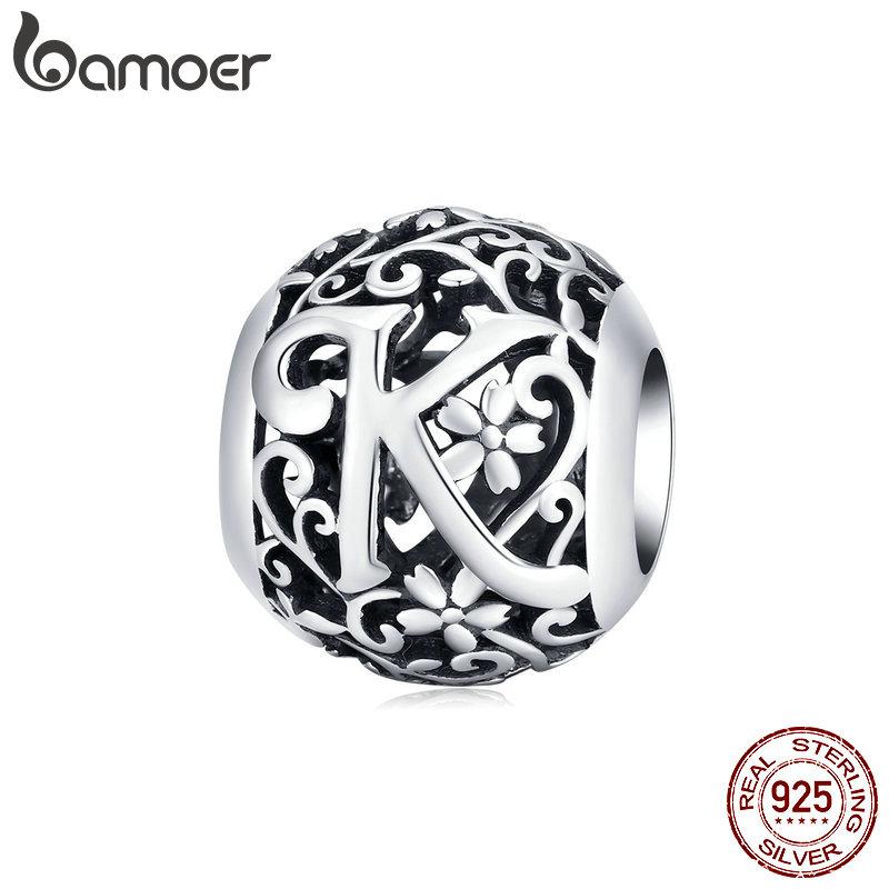 BAMOER 925 Silver Retro Letter Charms Hollowed Alphabet A-Z Round Beads for Women Bracelet DIY Jewelry Making