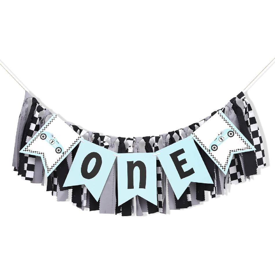 Fast One Birthday Party High Chair Banner - Racing One High Chair Banner, Blue 1st First Birthday Bunting,Blue Vintage Race Car Party Decor (fast fast one(blue)